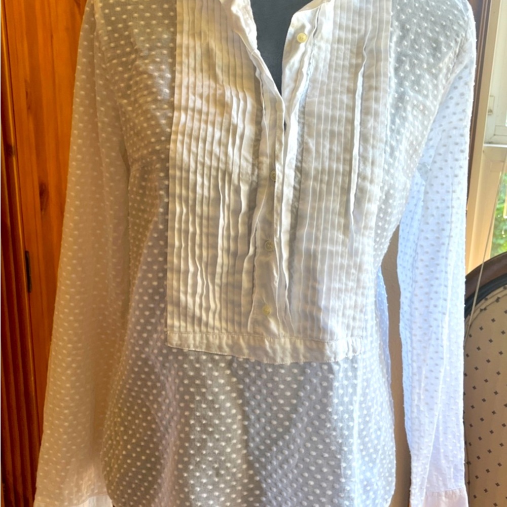J.Crew Sheer White Dotted Tuxedo Blouse Size S